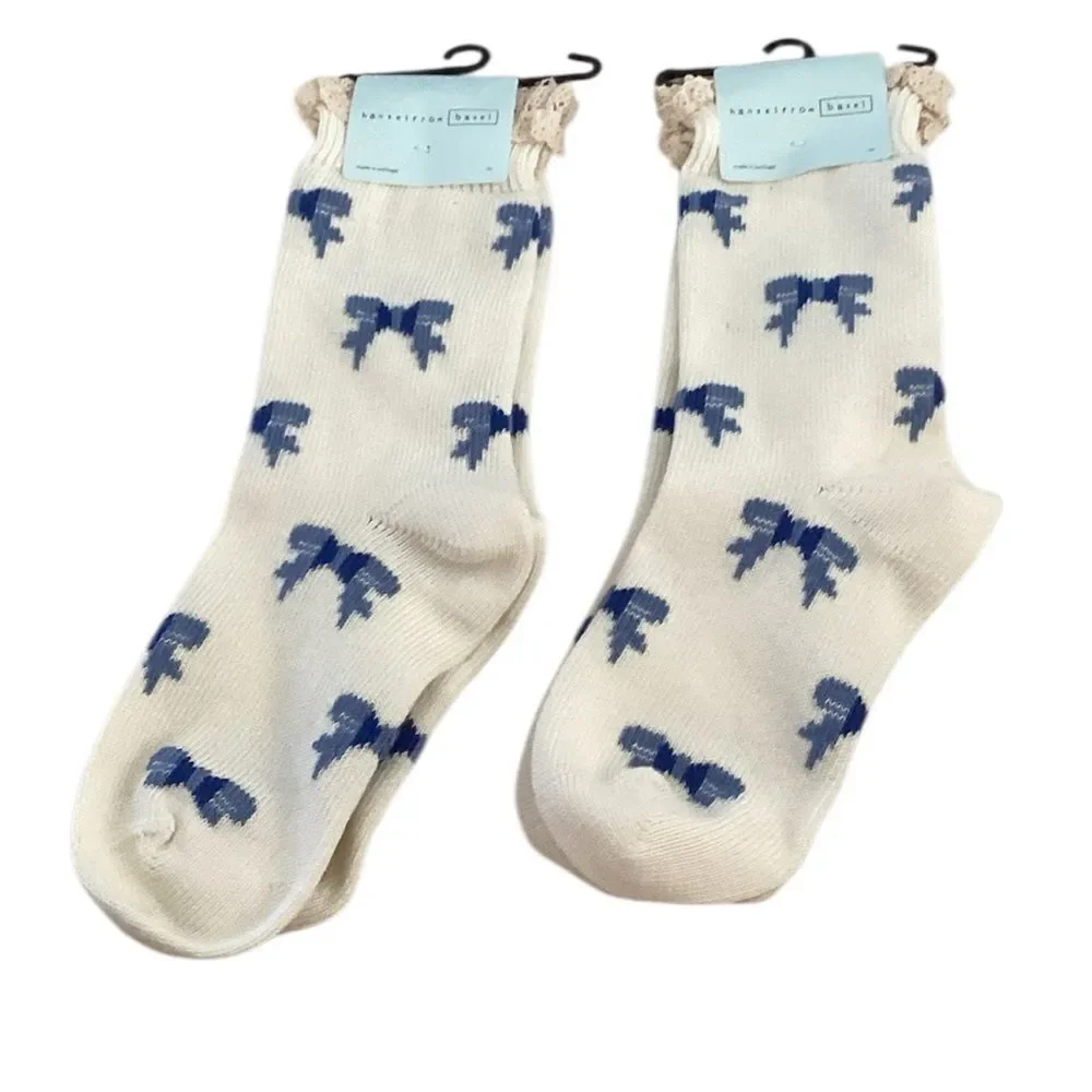 Hansel from Basel BUNDLE TWO PAIRS of All Over Bows Crew, Ivory/blue, NWT